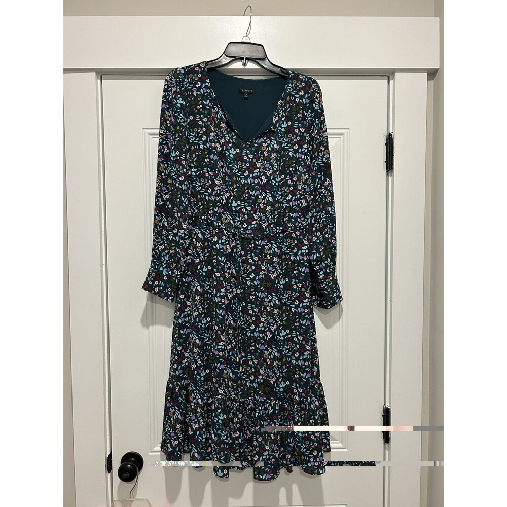 Talbots Women Dark Teal Floral V-Neck Long Sleeve Ruffle Midi Dress Sz 4 Modest
